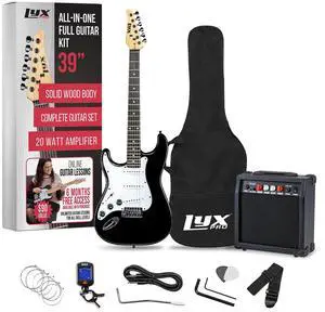LyxPro Left Hand 39 Inch Electric Guitar and Starter Kit for Lefty Full Size Beginners Guitar, Amp, Six Strings, Two Picks, Shoulder Strap, Digital Clip On Tuner, Cable and Soft Case - Black