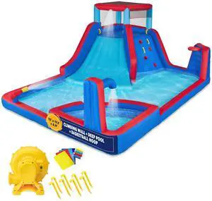 Sunny & Fun Four Corner Inflatable Water Slide Park  Heavy-Duty for Outdoor Fun - Climbing Wall, Slide & Deep Pool  Easy to Set Up & Inflate with Included Air Pump & Carrying Case