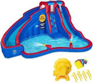 Sunny & Fun Double Dip Inflatable Water Slide Park  Heavy-Duty for Outdoor Fun - Climbing Wall, 2 Slides & Splash Pool  Easy to Set Up & Inflate with Included Air Pump & Carrying Case