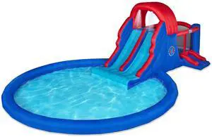 Sunny & Fun Dual Slide Roundabout Inflatable Water Park  Heavy-Duty for Outdoor Fun - Climbing Wall, Slides, Bounce House & Huge Pool  Easy to Set Up & Inflate with Included Air Pump & Carrying Case