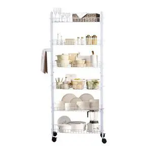 SkyMall Slim Rolling Pantry Cart 6 Tier Shelf, Space-Saving Kitchen & Spice Rack on Wheels, 10 Inch Deep - White Metal SkyMall Slim Rolling Pantry Cart 6 Tier Shelf, Space-Saving Kitchen & Spice Rack on Wheels, 10 Inch Deep - White Metal