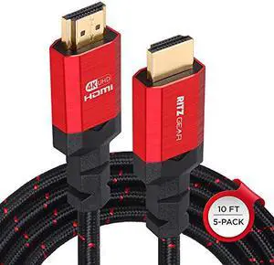 RitzGear 4K HDMI Cables | 5-Pack of 10 Ft. High-Speed 18Gbps HDMI 2.0 Connectors | Durable Braided Nylon, Gold Plating, 4K @ 60Hz Ultra HD, 3D, 2160p, 1080p & Ethernet Support for TV, Laptop & Gaming
