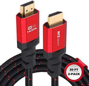 RitzGear 4K HDMI Cables | 2-Pack of 30 Ft. High-Speed 18Gbps HDMI 2.0 Connectors | Durable Braided Nylon, Gold Plating, 4K @ 60Hz Ultra HD, 3D, 2160p, 1080p & Ethernet Support for TV, Laptop & Gaming