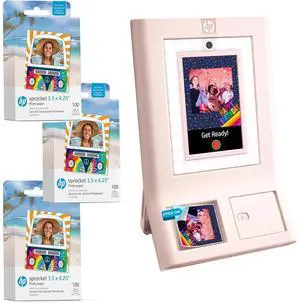 HP Sprocket Photobooth 3x4" Photo Printer (Pink) Bundle w/3.5 x 4.25 Zink Photo Paper (300 Sheets)