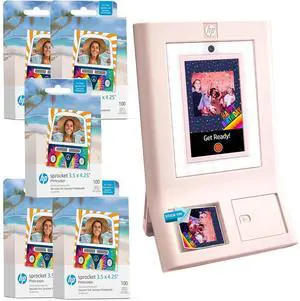 HP Sprocket Photobooth 3x4" Photo Printer (Pink) Bundle w/3.5 x 4.25 Zink Photo Paper (500 Sheets)