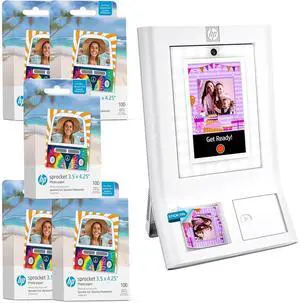 HP Sprocket Photobooth 3x4" Photo Printer (White) Bundle w/3.5 x 4.25 Zink Photo Paper (500 Sheets)