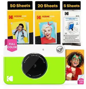 Kodak Printomatic 5MP Instant Print Camera (Green) & Zink Photo Paper (75 Sheets) Bundle