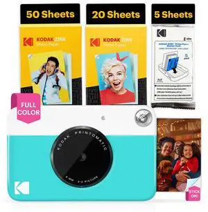 Kodak Printomatic 5MP Instant Print Camera (Blue) & Zink Photo Paper (75 Sheets) Bundle