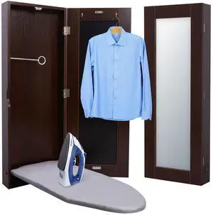 Ivation Wall-Mounted Ironing Board Cabinet, Foldable Ironing Storage Station for Home, Apartment & Small Spaces, Easy-Release Lever, With Miror Door, Walnut color