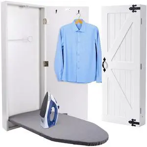 Ivation Wall-Mounted Ironing Board Cabinet with Farmhouse Door, Foldable Ironing Storage Station for Home, Apartment & Small Spaces, Easy-Release Lever, White