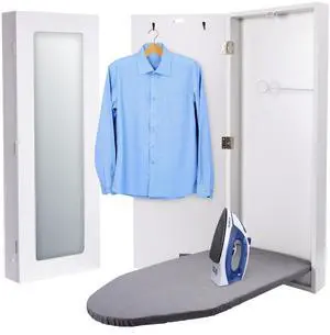 Ivation Ironing Board, Wall Mounted Ironing Board Cabinet with Left Side Door & Mirror - White