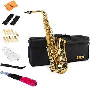 LyxJam Alto Saxophone – E Flat Brass Sax Beginners Kit, Mouthpiece, Neck Strap, Cleaning Cloth Rod, Gloves, Cork Grease, Hard Carrying Case w/ Removable Straps, Maintenance Guide – 10 BONUS Reeds