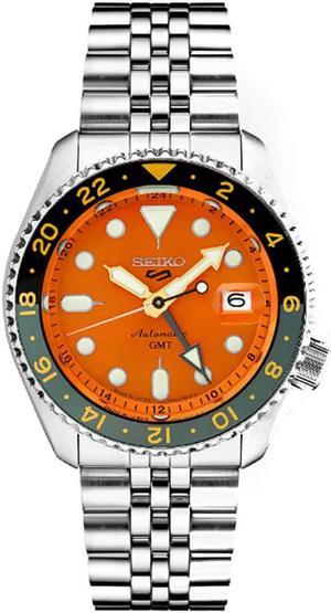 Seiko 5 Mens SKX GMT Series Sports Watch - Stainless Steel/Orange Dial