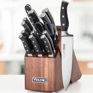 Viking 15-Piece Stainless Cutlery Set with Acacia Wood Block - Black