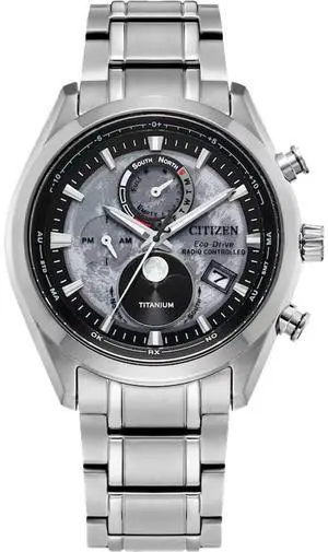 CITIZEN BY101057H Atomic Time Keeping Tsuki-Yomi A-T Collection Eco-Drive Watch - Stainless/Gray
