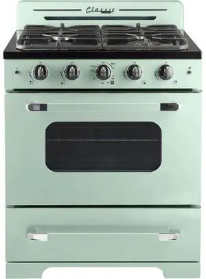 UNIQUE UGP30CRLG 3.9 Cu. Ft. Summer Mint Green Freestanding Classic Retro Convection Gas Range UNIQUE UGP30CRLG 3.9 Cu. Ft. Summer Mint Green Freestanding Classic Retro Convection Gas Range