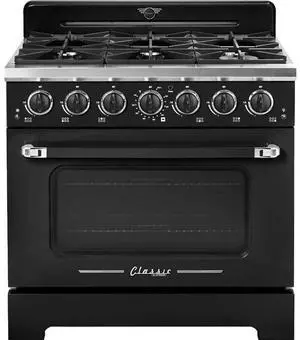 UNIQUE UGP36CRB 5.2 Cu. Ft. Midnight Black Freestanding Classic Retro Pro Convection Gas Range UNIQUE UGP36CRB 5.2 Cu. Ft. Midnight Black Freestanding Classic Retro Pro Convection Gas Range