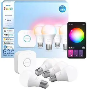 Hue 608983 White and Color A19 60W Smart LED Essential Starter Kit with Bridge