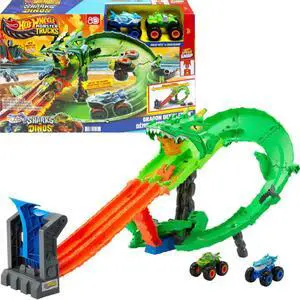 Mattel JFR06 Hot Wheels Monster Trucks Sharks vs Dinos Dragon Destruction Playset