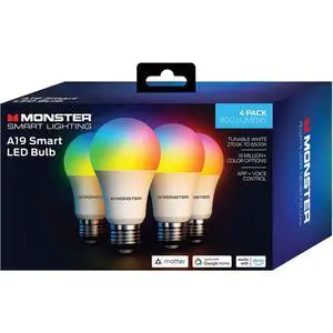 Monster MBW710044PK Multi-Color and White A19 LED Smart Light Bulbs - 4 Pack Monster MBW710044PK Multi-Color and White A19 LED Smart Light Bulbs - 4 Pack