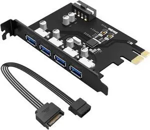 ORICO 4-Port USB3.0 PCI-E Expansion Card  USB3.0 4 Port PCI Express to USB3.0 Host Controller Adapter Card with 30cm 15PIN SATA to Big 4PIN Power Cord Compatible with Windows,Vista,Linux and Mac OS