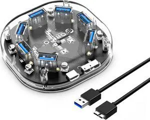 ORICO Creative Transparent HUB 7 Ports USB3.0 Super Speed with External Power Supply Ports Support OTG Function USB Cable Optimised  for PC Windows Linux Mac OS 3.3ft