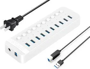USB 3.0 Hub ORICO Powered 10 Ports USB Data Hub with Individual Switches and Indicator, 12V Power Adapter Support BC1.2 Charging, USB Extension for iMac Pro, MacBook Air/Mini, PS4, Surface Pro, PC
