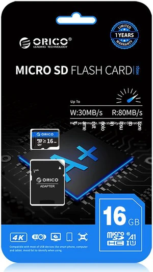 ORICO Ultra 16GB Micro SD Card Class 10 Memory Card with Adapter, Speed Up to 80MB/s ORICO Ultra 16GB Micro SD Card Class 10 Memory Card with Adapter, Speed Up to 80MB/s