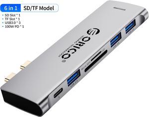 ORICO USB C Hub, 6-in-1 Type-C to  SD TF Card Reader,  With 100W Power Delivery Type C Charging Port, 3 USB 3.0 Ports Adapter Compatible for MacBook and Other USB C Laptops