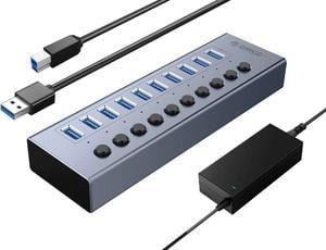 USB 3.0 Hub ORICO Powered 10 Ports USB Data Hub with Individual Switches and Indicator, 12V Power Adapter Support BC1.2 Charging, USB Extension for iMac Pro, MacBook Air/Mini, PS4, Surface Pro, PC