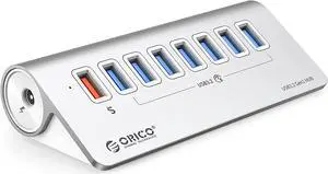 ORICO USB Hub 3.0 Powered 7 Ports Aluminum USB Hub Splitter [5Gbps] with 7 USB 3.0 Data Ports + 1 Fast Charging Ports 18W(5V/3A;9V/2A;12V/1.5A), 12V3A Power Adapter with 3.3Ft Cable