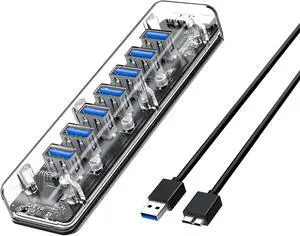 ORICO USB 3.0 Hub, 7 Ports USB3.0 Transparent Desktop HUB with Blue Indicator Light & Dual Port Power Supply, Mini Portable Hub for MacBook, Chromebook, Notebook PCs, iPhone, Smartphones - Clear ORICO USB 3.0 Hub, 7 Ports USB3.0 Transparent Desktop HUB with Blue Indicator Light & Dual Port Power Supply, Mini Portable Hub for MacBook, Chromebook, Notebook PCs, iPhone, Smartphones - Clear