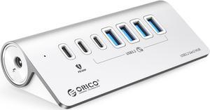 ORICO Powered USB Hub 10Gbps, 7 Port USB 3.2 Gen 2 Hub with 6 USB 3.2 Data Ports, 1 PD 60W Charging Ports, 24V3A Power Adapter, 1.64Ft C to C Cable and USB-A Adapter, Aluminum USB Data Hub for Laptop