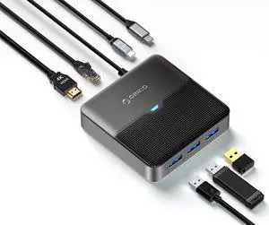 ORICO 6 in 1 Laptop Docking Station with HDMI-Compatible 4K30Hz, 3 USB A Port, PD 100W, 2.5G Gigabit Ethernet Type C Multiport Adapter for Windows Mac