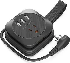 Travel Power Strip with USB Ports, ORICO 2 Outlets 3 USB Ports-3.7ft Wrapped Around Extension Cord, Flat Plug Cruise Ship Power Strip, No Surge Protection for Cruise Ship, Office, Hotels-Black