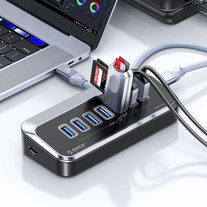 ORICO Aluminum USB Hub 10Gbps,7 Port USB 3.2 Gen 2 Hub with 6 USB 3.2 Data  Ports, 1 PD 60W Charging Ports, 24V3A Power Adapter,3.28Ft C to C Cable and  USB-A Adapter