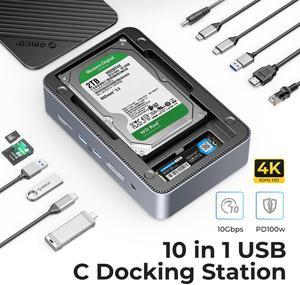 ORICO M.2 3.5/2.5" Dual HDD/SSD Enclosure USB C HUB 10 in 1 Multifunction Docking Station with PD100W Type C USB A HDMI RJ45 SD/TF NVME SATA Port for Professional Creators (D35M2)