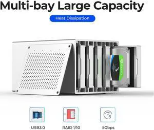ORICO 5 Bay Hard Drive Enclosure Raid Aluminum USB3.0 for 2.5''/3.5'' HDD SSD Up to 100TB(5x20TB) with Bracket for Personal Office and Home Backup-WS500RU3