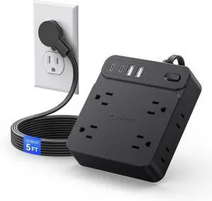 ORICO Surge Protector Extension Cord, 12 in 1 Power Strip with 8 AC Outlets 2 USB-A and 2 USB-C Ports, 5 ft Flat Plug Power Strip, Mountable Outlet Extender for Dorm/Office/Home- SP1