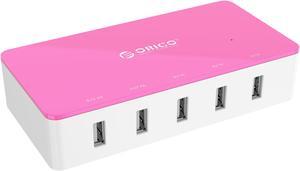 ORICO Electrical 5 Port Desktop USB Charger Green with 2 Prong Power Cord 30W Power Output for Tablet iPhone , iPad Air,iPad Pro, Galaxy,  Pixel [PINK]