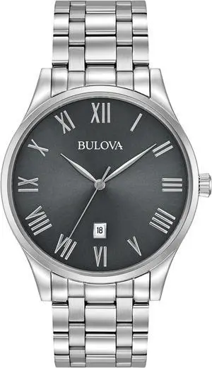 Bulova Mens Charcoal Dial Stainless Steel Dress Quartz Watch 96B261