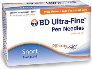 BD Ultra-Fine Mini Pen Needles 8MM 31 Gauge 5/16 3 Box of 90