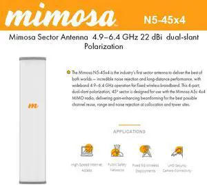 Mimosa Networks - 100-00084 - N5-45x4, 4.9-6.4GHz 45 degree Sector Dual-Slant Antenna, 22 dBi Beamforming gain, 4-port,
