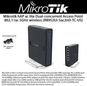 Mikrotik hAP ac lite TC RB952Ui-5ac2nD-TC Dual-Concurrent Access Point 2.4/5GHz with 5 Ethernet Ports and 1x USB port for 3G/4G Modem