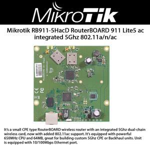 Mikrotik 911 Lite5 ac RB911-5HacD CPE Wireless Router with Integrated 5Ghz Dual Chain Wireless Card and 1x Ethernet Port
