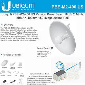 Ubiquiti Networks - PBE-M2-400-US - Ubiquiti PowerBeam PBE-M2-400 IEEE 802.11n 150 Mbit/s Wireless Bridge - 2 GHz - 12.4
