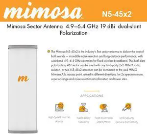 Mimosa Networks - N5-45X2 - Mimosa 4.9 - 6.4GHz 2 N-Type Female 19dBi Dual-Slant Polarization 45 Degree Sector Antenna