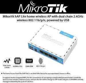Mikoritk hAP Lite home wireless Access Point with dual chain 2.4GHz wireless 802.11b/g/n, powered by USB