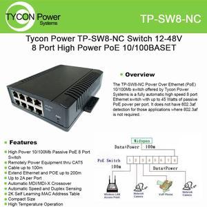 Tycon Power TP-SW8-NC 12-48V 8 Port 12V-57V passive PoE switch