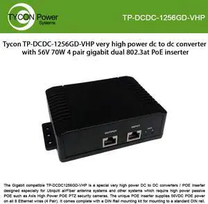 Tycon Power Systems TP-DCDC-1256GD-VHP very high power dc to dc converter with 56V 70W 4 pair gigabit dual 802.3at PoE inserter